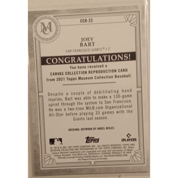JOEY BART 2021 TOPPS MUSEUM COLLECTION CANVAS CCR23 RC SAN FRANCISCO GIANTS - Picture 2 of 6